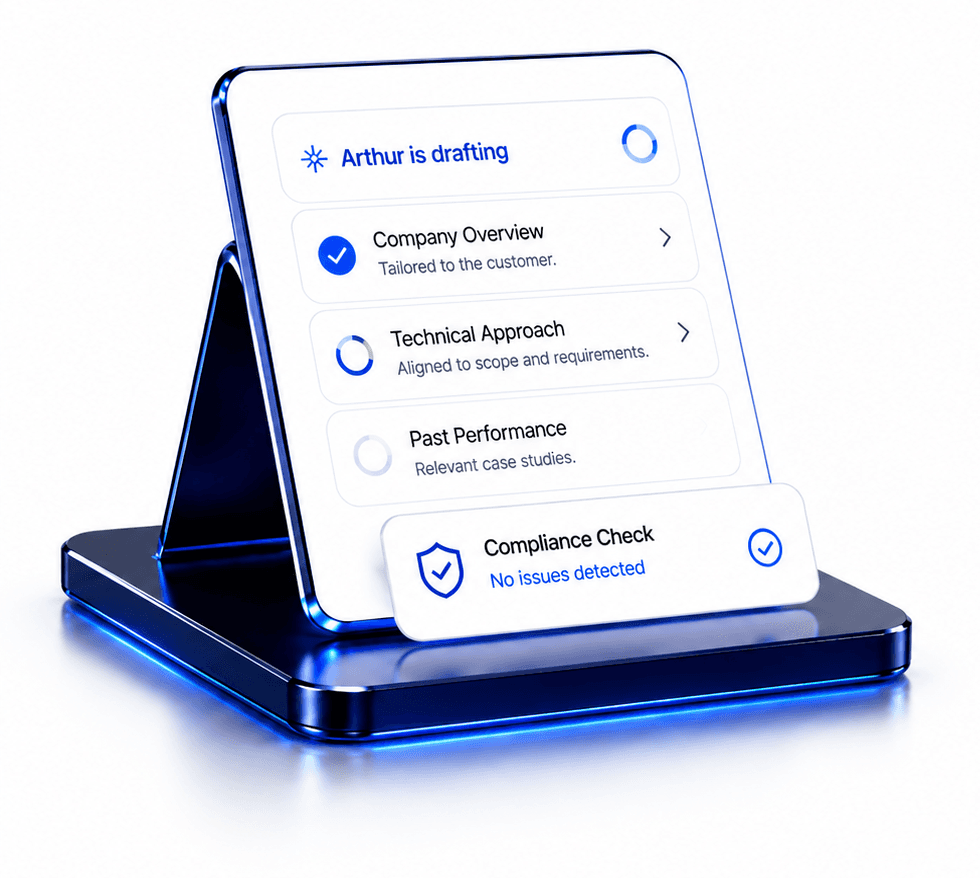 Arthur drafting an RFP — Company Overview, Technical Approach, Past Performance, and Compliance Check.