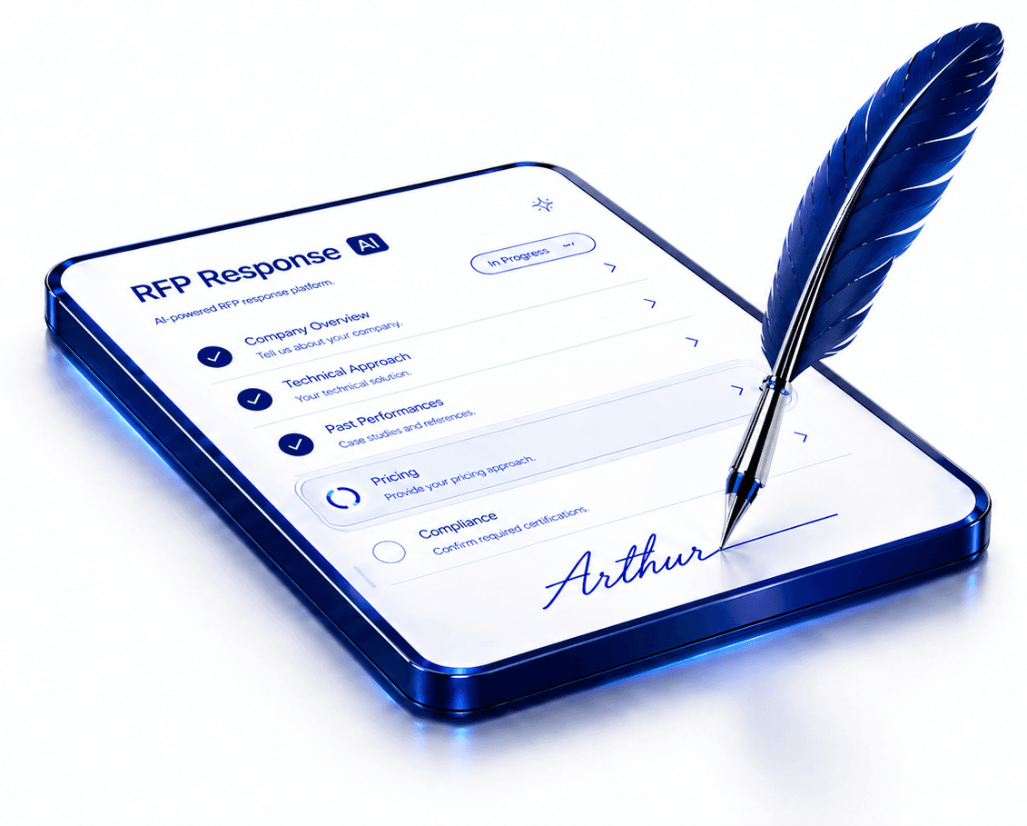 BidAuthor drafting an RFP response on a tablet, signed by Arthur