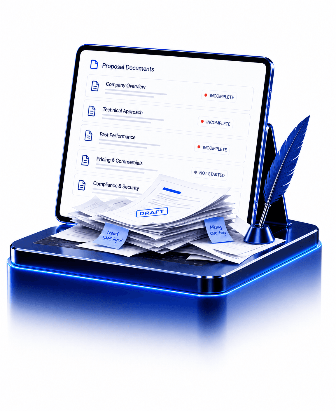 3D illustration of a stack of unfinished proposal documents under a glowing cobalt light